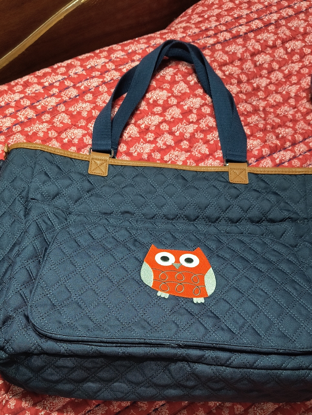 Thirty One Quilted Navy Tote Bag with Owl Applique, Reversible To Floral Print
